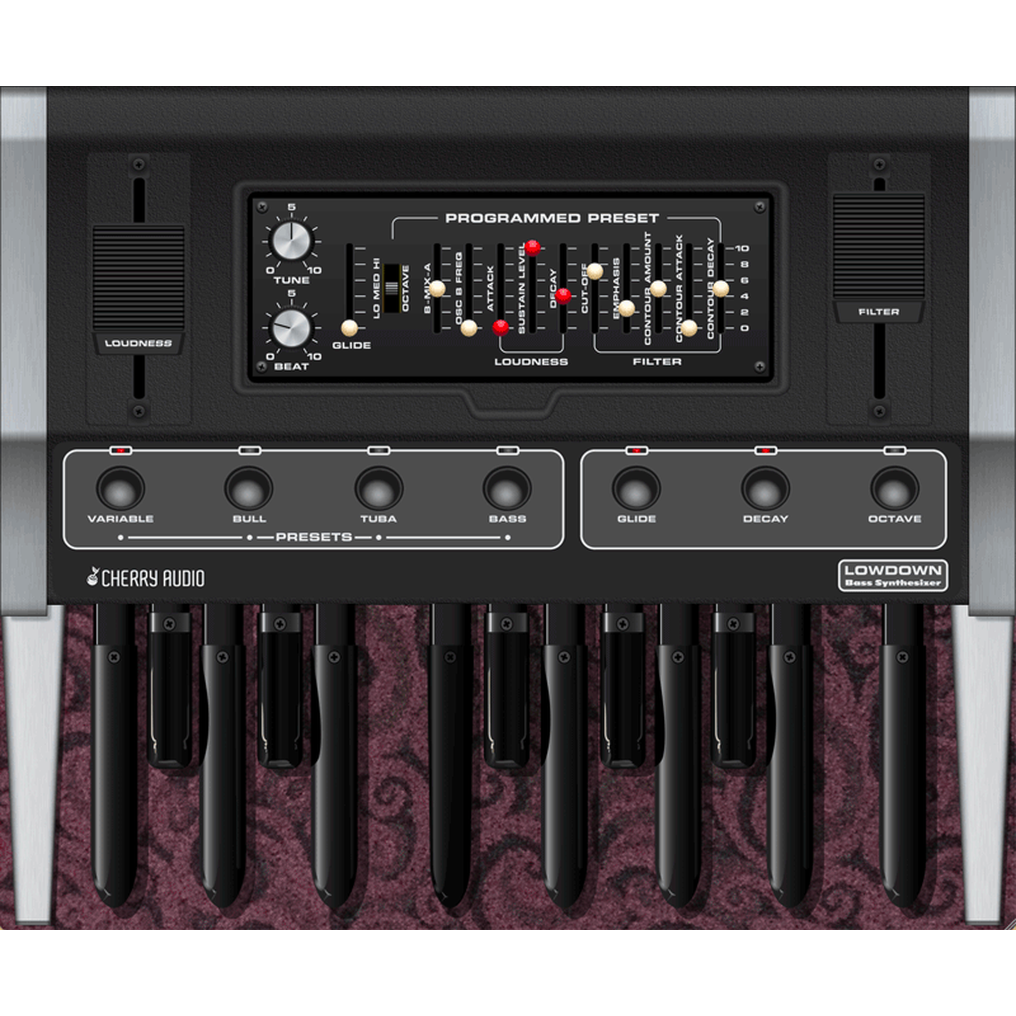 Lowdown Bass Synthesizer interface in purple